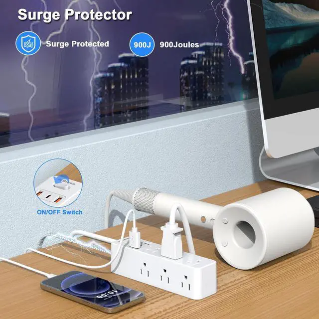 Alt view image 4 of 6 - JcBlaon Power Strip Surge Protector,Thin Flat Plug Heavy Duty Extension Cord 5ft, 9 Outlets 3 USB Ports(1 USB C), for Indoor Outdoor Home Office Travel Dorm Room Essentials, White