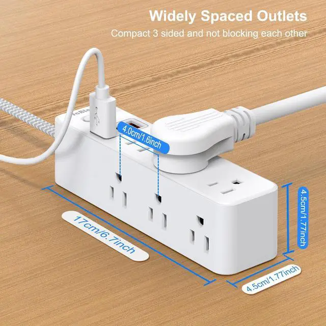 Alt view image 6 of 6 - JcBlaon Power Strip Surge Protector,Thin Flat Plug Heavy Duty Extension Cord 5ft, 9 Outlets 3 USB Ports(1 USB C), for Indoor Outdoor Home Office Travel Dorm Room Essentials, White