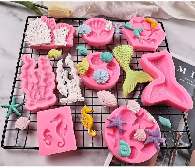 Alt view image 3 of 6 - GELIFATLE Mermaid Theme Cake Mold, Mermaid, Shell, Seaweed, Coral Silicone Mold Cupcake Toppers Mold for Candy,Chocolate,Fondant,Polymer Clay,Crafting Projects & Cake Decoration