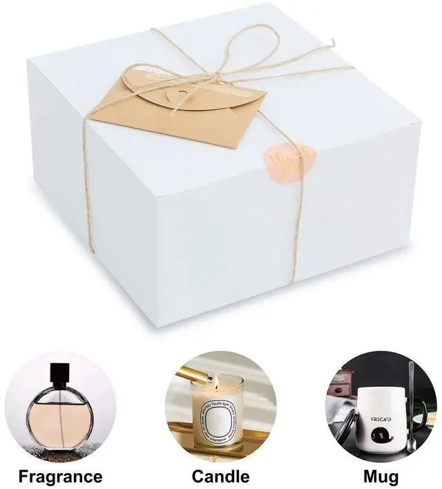 Alt view image 3 of 6 - YUEFANBOX White Gift Boxes for Presents with Lids, 12 Pack 8x8x4 Inch, 80ft Twine, Stickers & Tape - Easy Assemble for Bridesmaid Proposal, Wedding, Party Favors