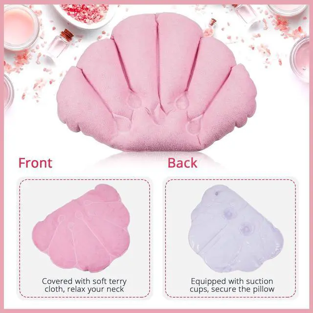 Alt view image 3 of 7 - Jetec 3 Pieces Inflatable Bath Pillow with Suction Cups, Terry Cloth Covered Shell Shape Bathtub Spa Pillow Comfortable Soft Cushion, Neck Support(Pink, Green, White)