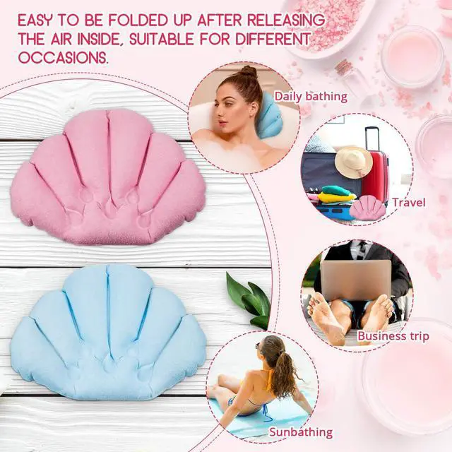 Alt view image 4 of 7 - Jetec 3 Pieces Inflatable Bath Pillow with Suction Cups, Terry Cloth Covered Shell Shape Bathtub Spa Pillow Comfortable Soft Cushion, Neck Support(Pink, Green, White)