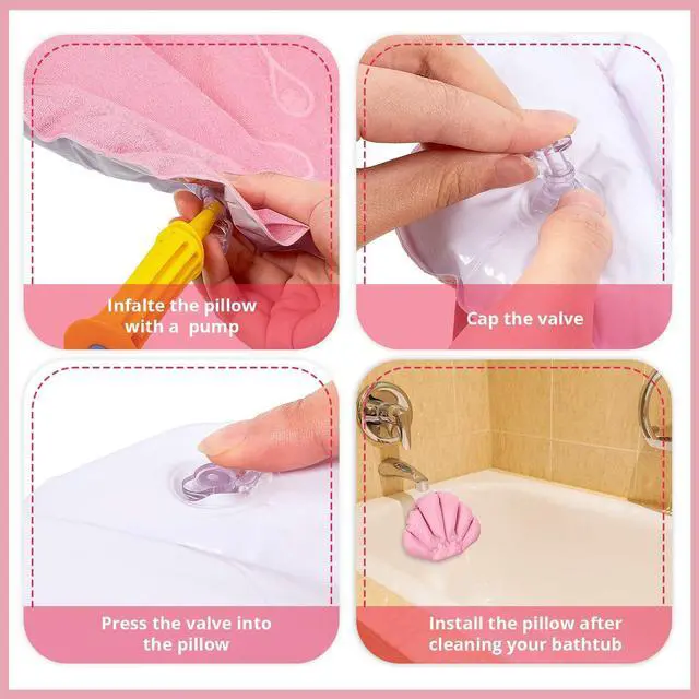 Alt view image 6 of 7 - Jetec 3 Pieces Inflatable Bath Pillow with Suction Cups, Terry Cloth Covered Shell Shape Bathtub Spa Pillow Comfortable Soft Cushion, Neck Support(Pink, Green, White)