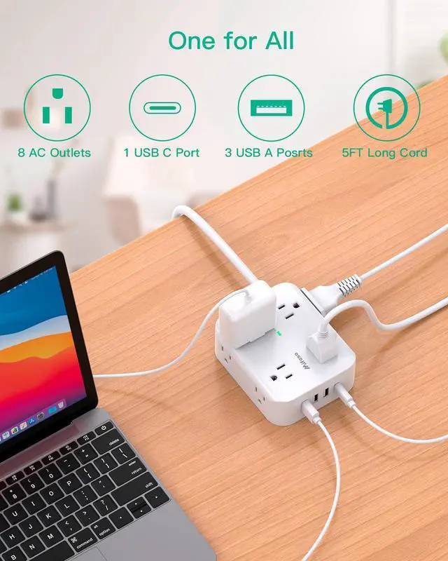 Alt view image 2 of 6 - Power Strip Surge Protector - Flat Plug, 8 Wide Outlets with 4 USB Ports (1 USB C), 5FT Heavy Duty Extension Cord with Multiple Outlets, Wall Mount, Charging Station Overload Protection for Home Dorm