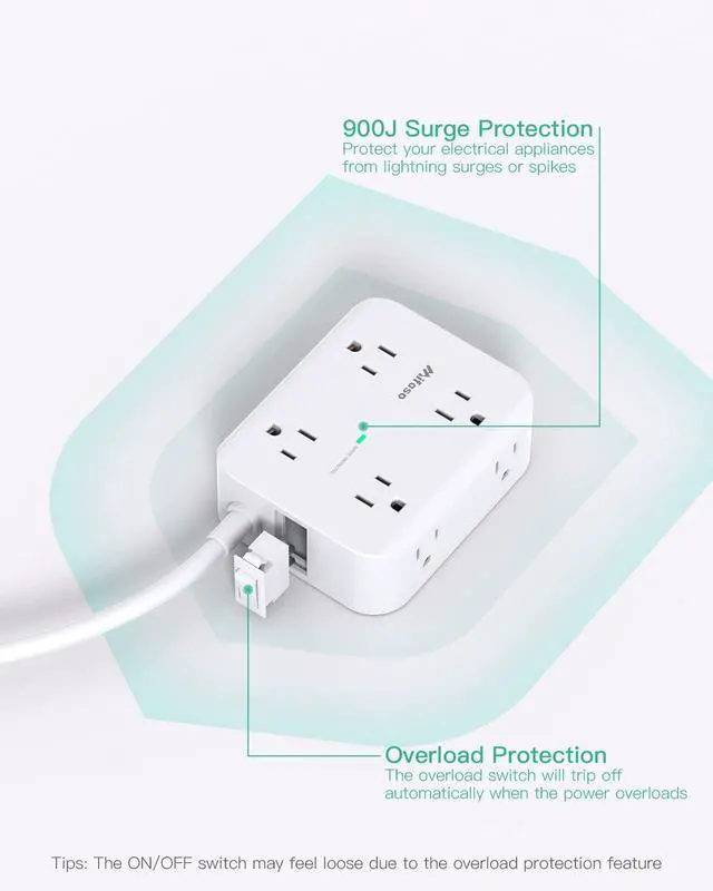 Alt view image 6 of 6 - Power Strip Surge Protector - Flat Plug, 8 Wide Outlets with 4 USB Ports (1 USB C), 5FT Heavy Duty Extension Cord with Multiple Outlets, Wall Mount, Charging Station Overload Protection for Home Dorm
