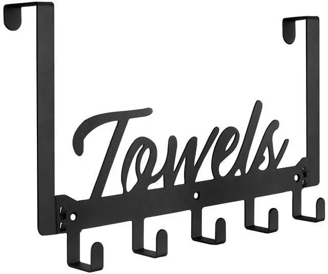 Main image of Azmoncy Over The Door Hooks, Towel Rack Towel Hooks for Bathroom, Towel Holder for Hanging Heavy Duty, Door Rack Over Door Hanger with 5 Coat Hooks for Bedroom Bathroom Kitchen, Black