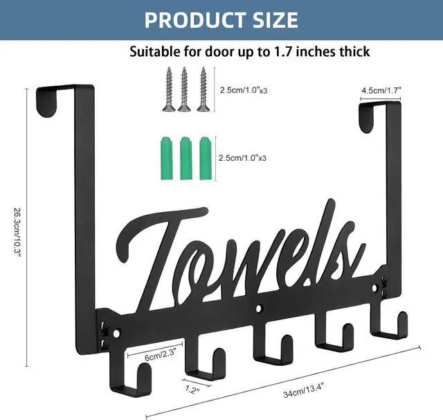 Alt view image 2 of 7 - Azmoncy Over The Door Hooks, Towel Rack Towel Hooks for Bathroom, Towel Holder for Hanging Heavy Duty, Door Rack Over Door Hanger with 5 Coat Hooks for Bedroom Bathroom Kitchen, Black