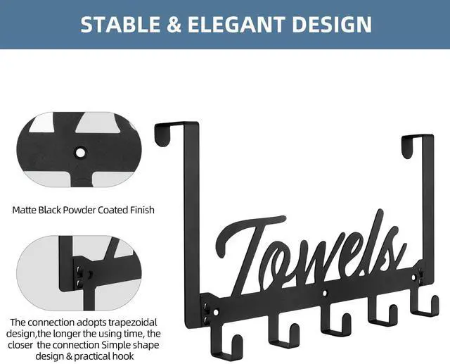Alt view image 3 of 7 - Azmoncy Over The Door Hooks, Towel Rack Towel Hooks for Bathroom, Towel Holder for Hanging Heavy Duty, Door Rack Over Door Hanger with 5 Coat Hooks for Bedroom Bathroom Kitchen, Black