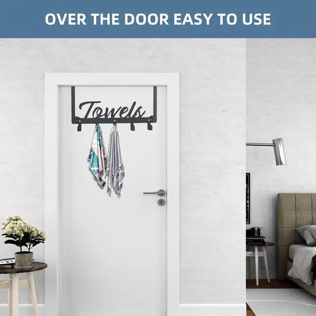 Alt view image 5 of 7 - Azmoncy Over The Door Hooks, Towel Rack Towel Hooks for Bathroom, Towel Holder for Hanging Heavy Duty, Door Rack Over Door Hanger with 5 Coat Hooks for Bedroom Bathroom Kitchen, Black