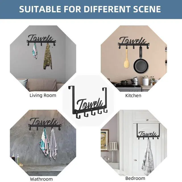 Alt view image 7 of 7 - Azmoncy Over The Door Hooks, Towel Rack Towel Hooks for Bathroom, Towel Holder for Hanging Heavy Duty, Door Rack Over Door Hanger with 5 Coat Hooks for Bedroom Bathroom Kitchen, Black