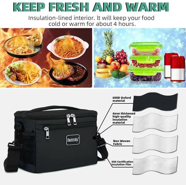 Alt view image 5 of 7 - BEIMILY Lunch Box for Men/Women, Small Insulated Lunch Bag, Leak-Proof Soft Cooler Tote Bag, Reusable LunchBox for Work, Travel, Fitness, Picnic with Adjustable Shoulder Strap for Adults (Black)