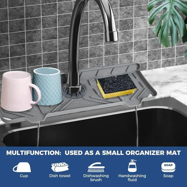 Alt view image 3 of 7 - Silicone Faucet Handle Drip Catcher Tray Mat, Silicone Faucet Mat Dish Soap Sponge Holder for Kitchen Sink Accessories Gadgets, Drying Mat for Kitchen Counter Bathroom Kitchen Sink Splash Guard -Grey