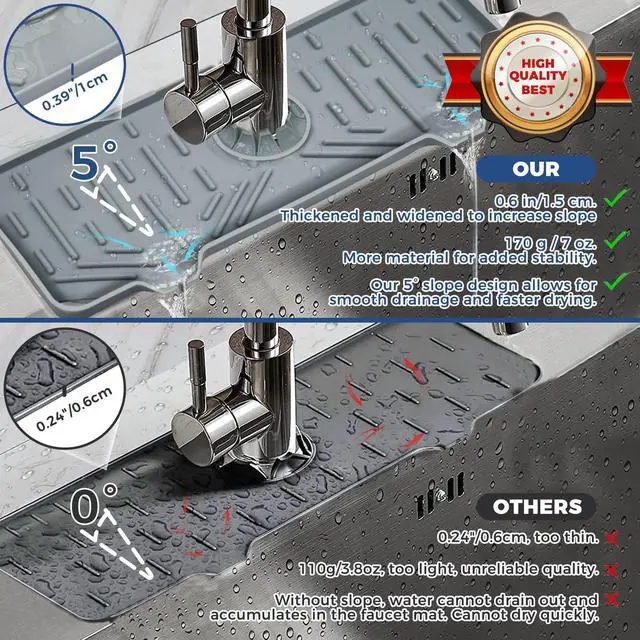 Alt view image 4 of 7 - Silicone Faucet Handle Drip Catcher Tray Mat, Silicone Faucet Mat Dish Soap Sponge Holder for Kitchen Sink Accessories Gadgets, Drying Mat for Kitchen Counter Bathroom Kitchen Sink Splash Guard -Grey