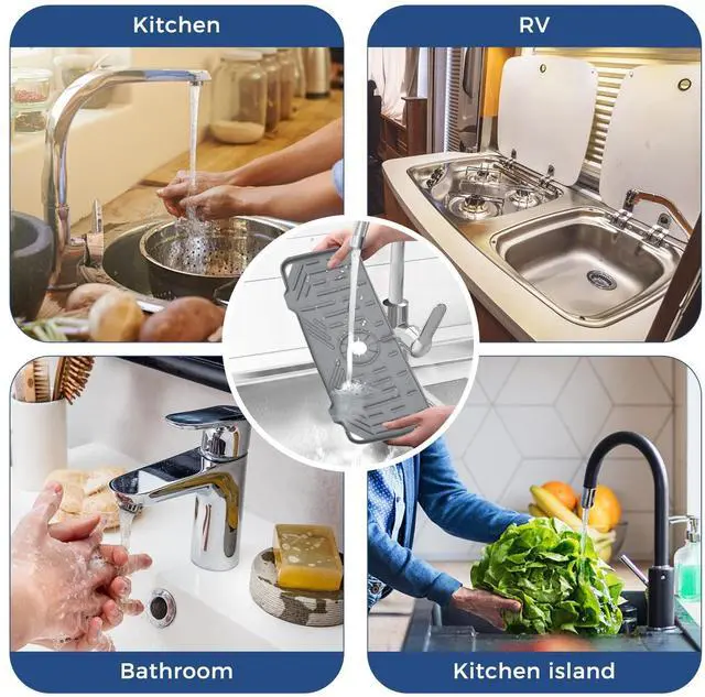 Alt view image 7 of 7 - Silicone Faucet Handle Drip Catcher Tray Mat, Silicone Faucet Mat Dish Soap Sponge Holder for Kitchen Sink Accessories Gadgets, Drying Mat for Kitchen Counter Bathroom Kitchen Sink Splash Guard -Grey