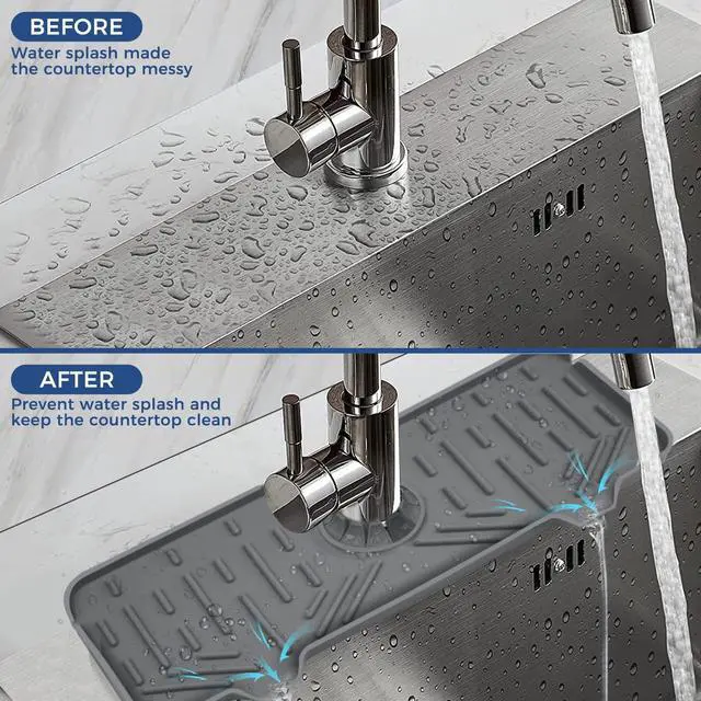 Alt view image 6 of 7 - Silicone Faucet Handle Drip Catcher Tray Mat, Silicone Faucet Mat Dish Soap Sponge Holder for Kitchen Sink Accessories Gadgets, Drying Mat for Kitchen Counter Bathroom Kitchen Sink Splash Guard -Grey