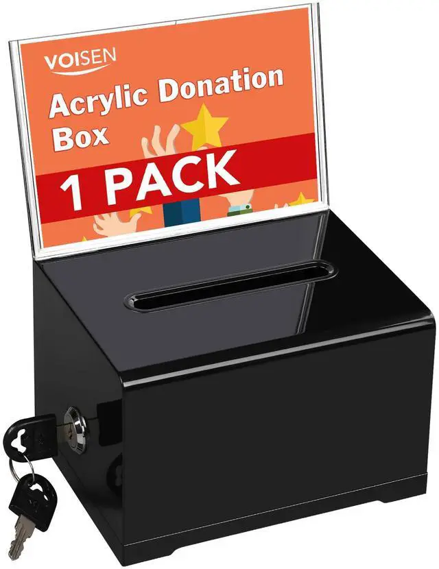 Main image of VOISEN Acrylic Donation Box with Lock, Black Ballot Box with Sign Holder, Suggestion Boxes for Fundraising, Donation, Bar, School Voting, 6.2x4.6x3.9 Inch