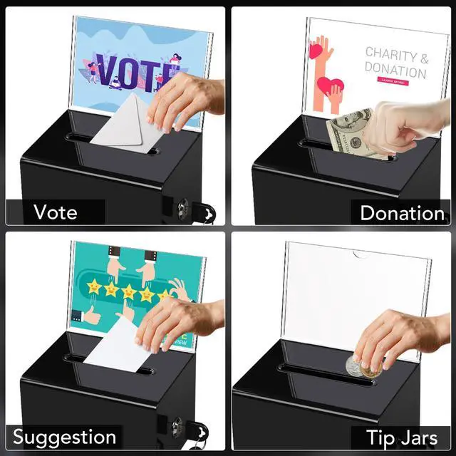 Alt view image 5 of 6 - VOISEN Acrylic Donation Box with Lock, Black Ballot Box with Sign Holder, Suggestion Boxes for Fundraising, Donation, Bar, School Voting, 6.2x4.6x3.9 Inch