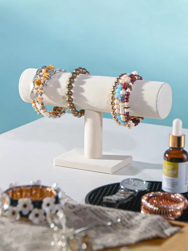 Alt view image 5 of 7 - NobleKey T-Bar Bracelet Holder Stand, Bracelet Jewelry Organizer Stand, Bangle Bracelet Watch Display for Selling, Scrunchie Hair Ties Jewelry Storage Rack for Women (1 tier beige)
