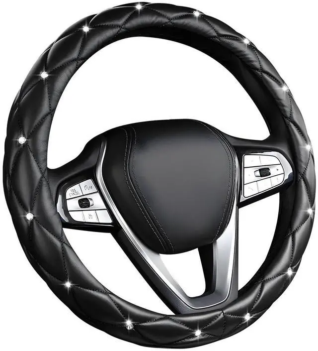 Main image of DXNQ Bling Crystal Steering Wheel Cover, 15 Inch Soft Leather Sparkling Rhinestone Steering Wheel Protector, Universal Anti-Slip Steering Wheel Pad for Women Girls, Car Accessories (Black)