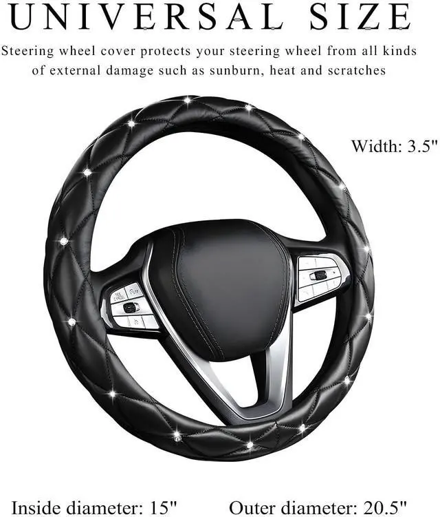 Alt view image 2 of 6 - DXNQ Bling Crystal Steering Wheel Cover, 15 Inch Soft Leather Sparkling Rhinestone Steering Wheel Protector, Universal Anti-Slip Steering Wheel Pad for Women Girls, Car Accessories (Black)