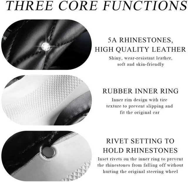 Alt view image 5 of 6 - DXNQ Bling Crystal Steering Wheel Cover, 15 Inch Soft Leather Sparkling Rhinestone Steering Wheel Protector, Universal Anti-Slip Steering Wheel Pad for Women Girls, Car Accessories (Black)