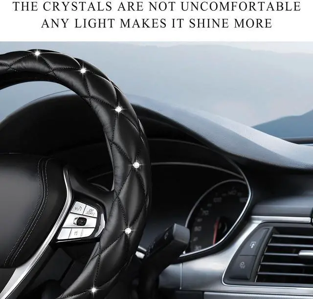 Alt view image 6 of 6 - DXNQ Bling Crystal Steering Wheel Cover, 15 Inch Soft Leather Sparkling Rhinestone Steering Wheel Protector, Universal Anti-Slip Steering Wheel Pad for Women Girls, Car Accessories (Black)