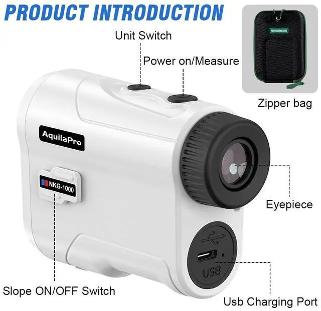 Alt view image 6 of 6 - AquilaPro NKG Golf Rangefinder with Slope, 1000 Yards, Rangefinder Golf, 0.5 Yard Accuracy, 7X Magnification, Flag Lock Vibration, Rechargeable Golf Range Finder