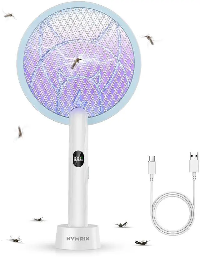 Main image of Nymrix Electric Fly Swatter Racket, 2 in 1 Mosquito Bug Zapper 4100V Handheld Mosquito Killer with 1800 mAh Rechargeable Battery, Purple Light and 3-Layer Safety Mesh for Indoor Outdoor Blue