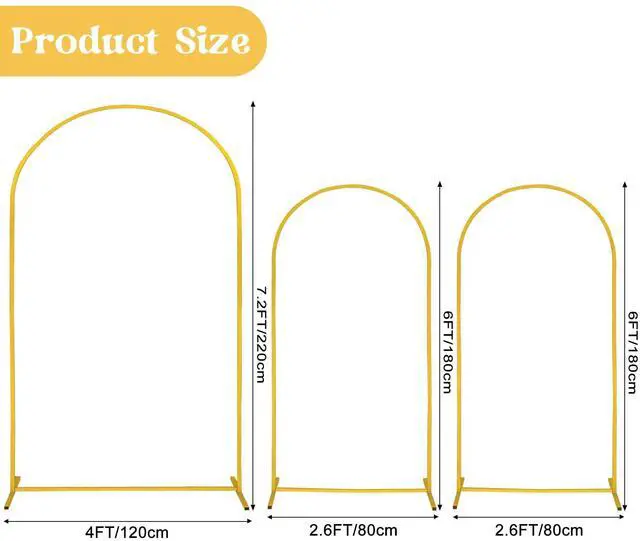 Alt view image 2 of 7 - Arch Backdrop Stand 7.2FT, 6FT, 6FT Set of 3 Gold Wedding Arch Stand Balloon Arch Stand Stable Metal Arch Backdrop Frame for Wedding Ceremony Birthday Party Bridal Baby Shower Banquet Decoration