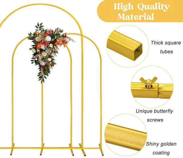Alt view image 4 of 7 - Arch Backdrop Stand 7.2FT, 6FT, 6FT Set of 3 Gold Wedding Arch Stand Balloon Arch Stand Stable Metal Arch Backdrop Frame for Wedding Ceremony Birthday Party Bridal Baby Shower Banquet Decoration