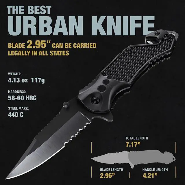 Alt view image 3 of 7 - Legal Pocket Knife with 2.95 Serrated Blade, Glass Breaker, Seat Belt Cutter - EDC Sharp Folding Knives with Portable Clip - Small Tool for Tactical Camping Survival Hiking - Gifts for Men 6680