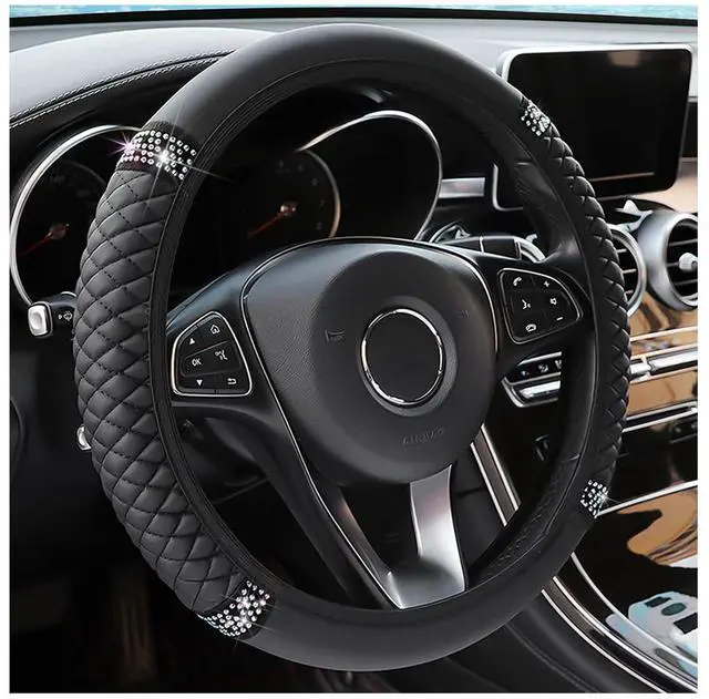 Main image of Bling Soft Leather Steering Wheel Cover, 15 Inch Colorful Rhinestones Auto Elastic Steering Wheel Protector, Sparkly Crystal Diamond for Women Girls, Car Accessories for Most Cars (Black)
