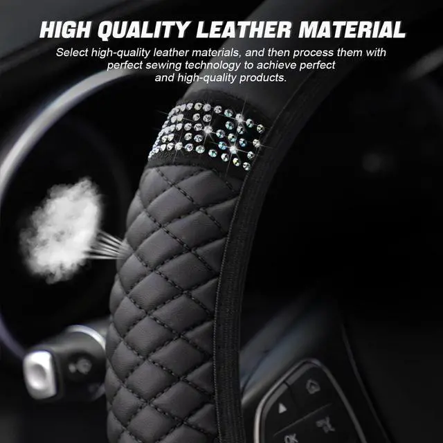 Alt view image 3 of 6 - Bling Soft Leather Steering Wheel Cover, 15 Inch Colorful Rhinestones Auto Elastic Steering Wheel Protector, Sparkly Crystal Diamond for Women Girls, Car Accessories for Most Cars (Black)