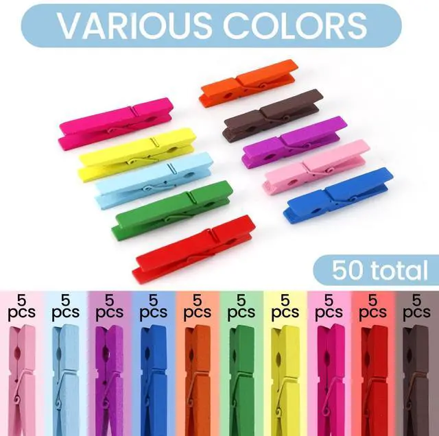 Alt view image 3 of 7 - 50PCS Colored Wooden Clothespins, 2.9inch 10 Color Clothes Pins for Clip Pictures Photos Decorative, Small Colorful Wood Decoration Closepins Clips,10 Color Each 5Pcs (Colored)