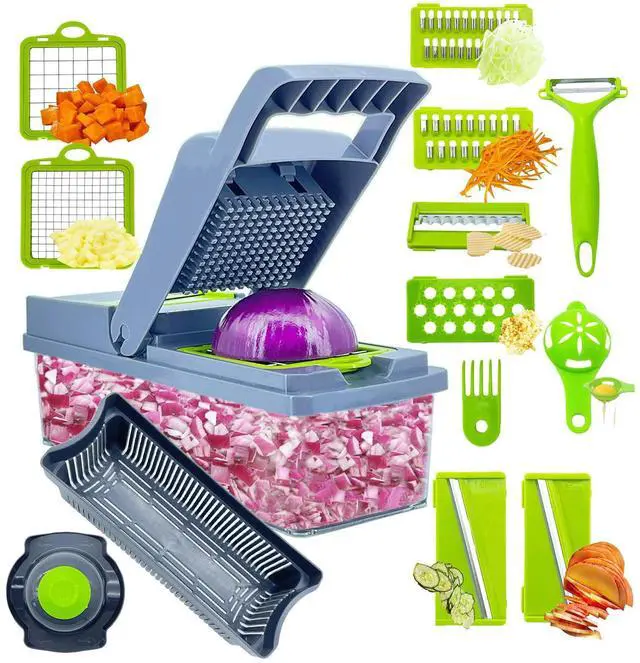Main image of Vezyturly Vegetable Chopper,Multifunctional 15 in 1 Pro Mandolines Food Slicer,Onion Dicer Potato Cutter with Container 8 Blades(Stainless Steel),Veggie Cutter Gadgets Crushers for Kitchen Use