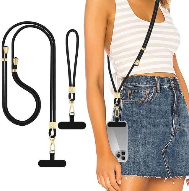 Main image of Phone Lanyard Crossbody, Hand Wrist Strap Lanyard with 2 Phone Tethers, Adjustable Anti Theft Phone Strap Neck Lanyard for Keys ID Badges Phones Wallet, Black