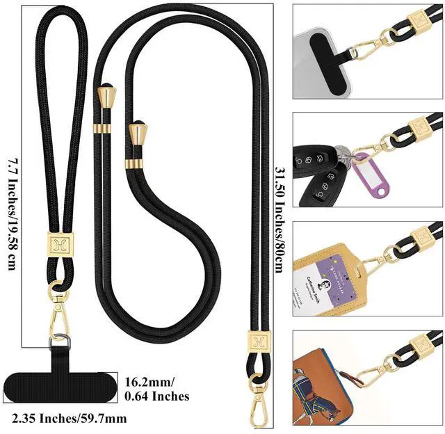 Alt view image 5 of 7 - Phone Lanyard Crossbody, Hand Wrist Strap Lanyard with 2 Phone Tethers, Adjustable Anti Theft Phone Strap Neck Lanyard for Keys ID Badges Phones Wallet, Black