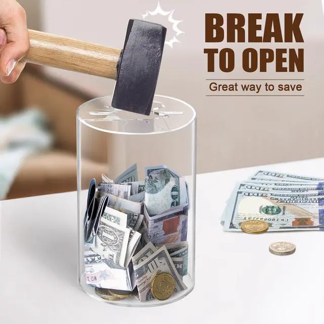 Alt view image 3 of 7 - Hicocool Clear Piggy Bank, Acrylic Piggy Bank for Adults Must Break to Open, Unopenable Money Saving Box for Boys Girls Birthday Gift (6" H x 3.54" D)