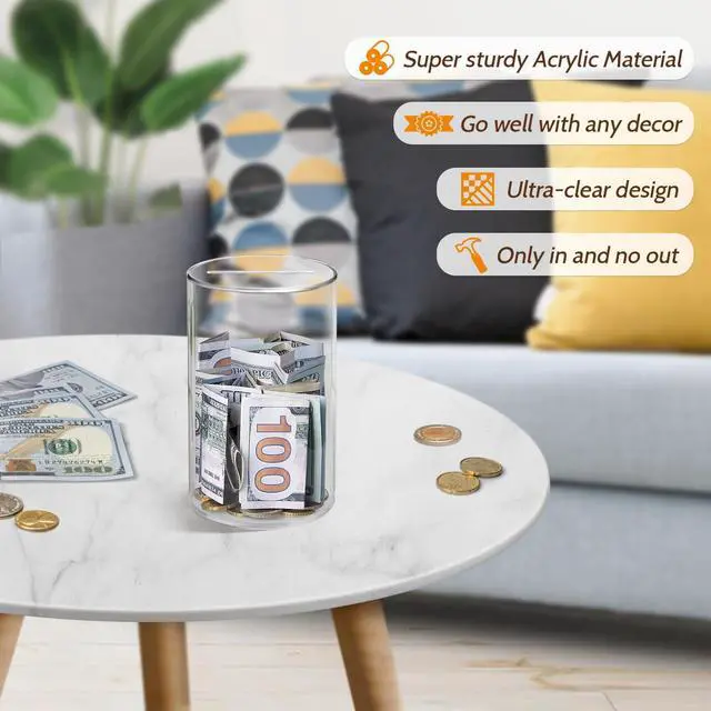 Alt view image 4 of 7 - Hicocool Clear Piggy Bank, Acrylic Piggy Bank for Adults Must Break to Open, Unopenable Money Saving Box for Boys Girls Birthday Gift (6" H x 3.54" D)