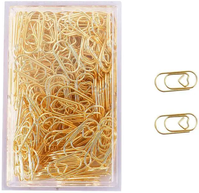 Main image of 200 Pcs Small Gold Paper Clips Love Heart Shaped Paperclips Stainless Steel in Tinplate Paper Clips Holder for Office School Home Desk Organizers