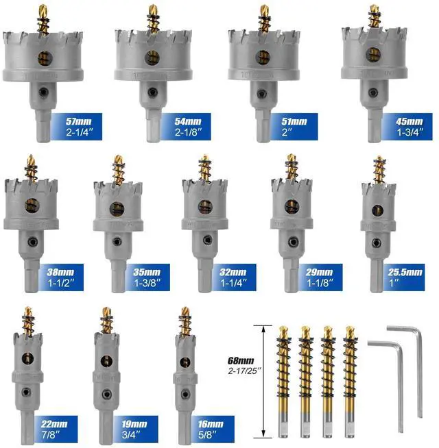 Alt view image 5 of 6 - Carbide Hole Saw Kit for Metal - 16Pcs TCT 5/8"-2-1/4" Inch Heavy Duty Hole Cutter Set, for High Precision Cutting of Stainless Steel, Iron, Copper, Brass