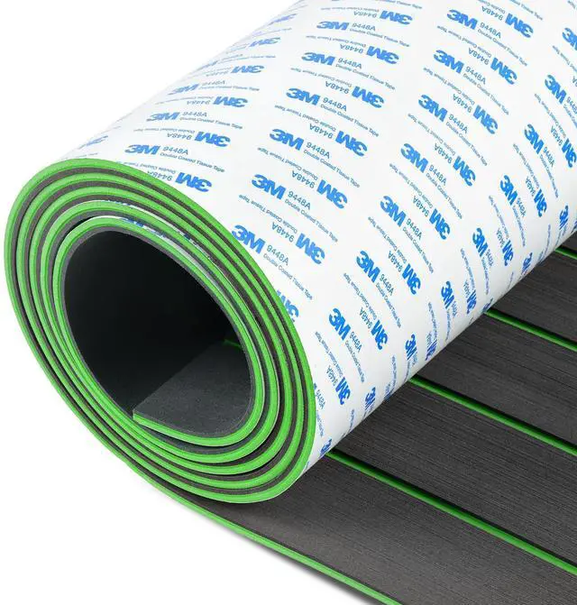 Main image of OCEANBROAD Self-Adhesive 96''x16.8'' Boat Flooring with 3M Adhesive Backing EVA Foam Boat Decking Faux Teak Marine Non-Slip Sheet for Jon Boats Yacht Helm Pad Floor, Dark Gray with Green Seam Lines