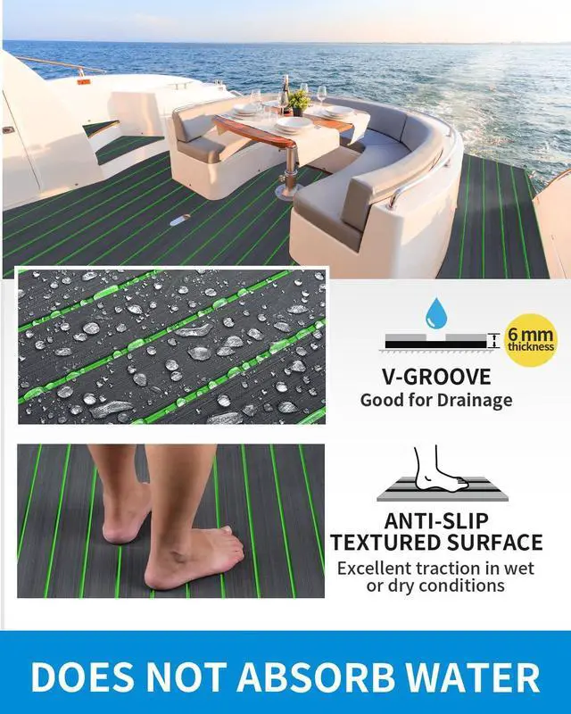 Alt view image 3 of 7 - OCEANBROAD Self-Adhesive 96''x16.8'' Boat Flooring with 3M Adhesive Backing EVA Foam Boat Decking Faux Teak Marine Non-Slip Sheet for Jon Boats Yacht Helm Pad Floor, Dark Gray with Green Seam Lines