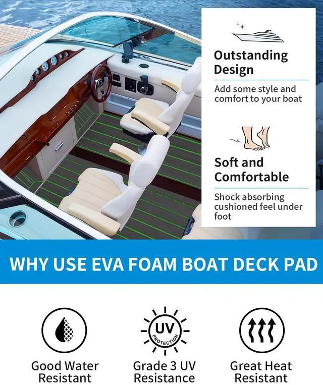 Alt view image 4 of 7 - OCEANBROAD Self-Adhesive 96''x16.8'' Boat Flooring with 3M Adhesive Backing EVA Foam Boat Decking Faux Teak Marine Non-Slip Sheet for Jon Boats Yacht Helm Pad Floor, Dark Gray with Green Seam Lines