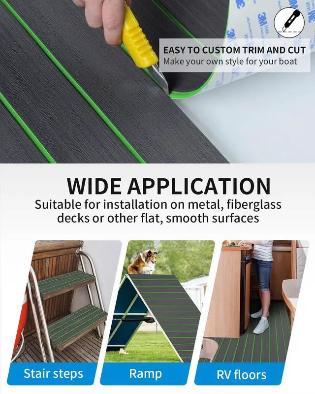 Alt view image 5 of 7 - OCEANBROAD Self-Adhesive 96''x16.8'' Boat Flooring with 3M Adhesive Backing EVA Foam Boat Decking Faux Teak Marine Non-Slip Sheet for Jon Boats Yacht Helm Pad Floor, Dark Gray with Green Seam Lines