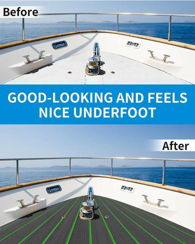 Alt view image 7 of 7 - OCEANBROAD Self-Adhesive 96''x16.8'' Boat Flooring with 3M Adhesive Backing EVA Foam Boat Decking Faux Teak Marine Non-Slip Sheet for Jon Boats Yacht Helm Pad Floor, Dark Gray with Green Seam Lines
