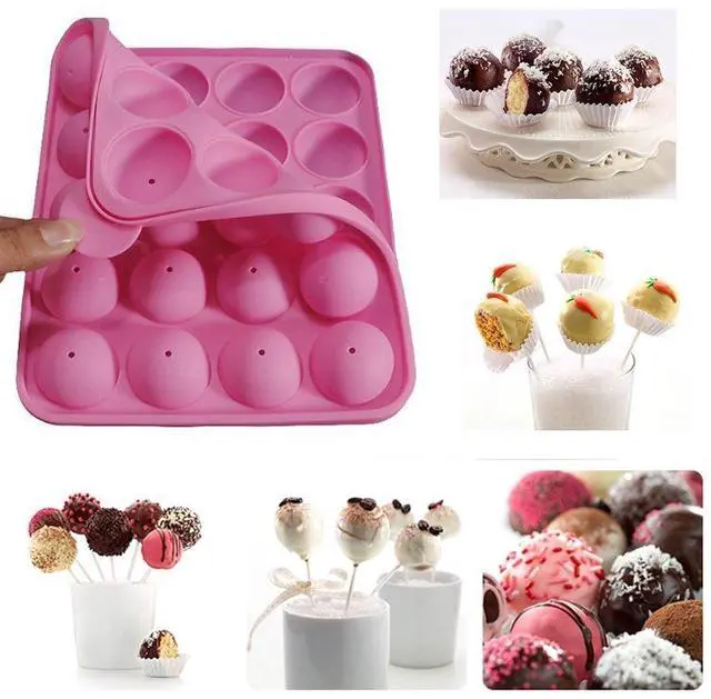 Alt view image 6 of 7 - Rbenxia Silicone Cake Mold 20-cavity Half Circle Lollipop Party Cupcake Baking Mold Cake Pop Stick Mold Tray Hot Pink with 25 Sticks