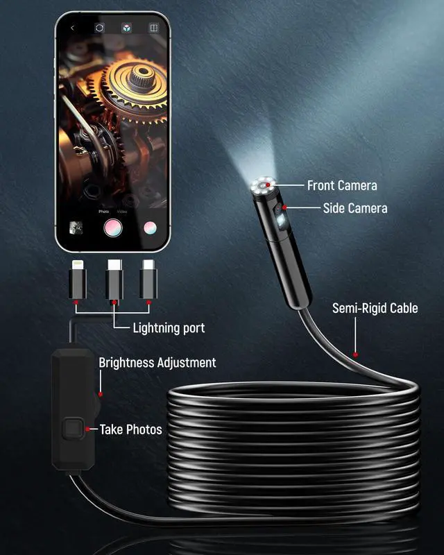Alt view image 2 of 7 - Endoscope Camera with Light, 1920P HD Borescope with 8 Adjustable LED Lights, IP67 Waterproof Inspection Borescope,16.5ft Semi-Rigid Snake Camera for iOS and Android - Double Lens