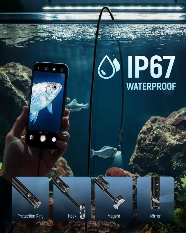 Alt view image 4 of 7 - Endoscope Camera with Light, 1920P HD Borescope with 8 Adjustable LED Lights, IP67 Waterproof Inspection Borescope,16.5ft Semi-Rigid Snake Camera for iOS and Android - Double Lens