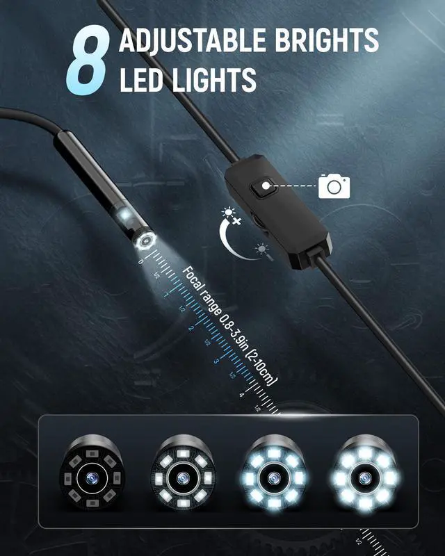 Alt view image 5 of 7 - Endoscope Camera with Light, 1920P HD Borescope with 8 Adjustable LED Lights, IP67 Waterproof Inspection Borescope,16.5ft Semi-Rigid Snake Camera for iOS and Android - Double Lens